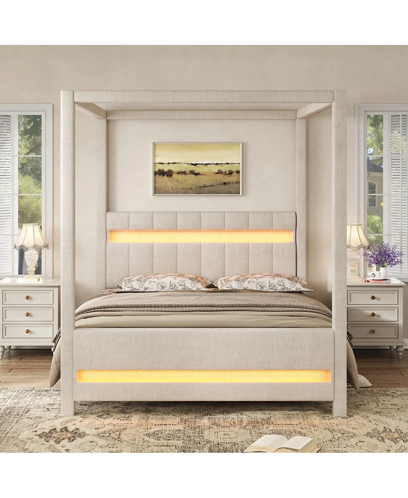 Streamdale Furniture Queen Size Upholstered Canopy Platform Bed with Led Lights