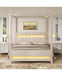 Streamdale Furniture Queen Size Upholstered Canopy Platform Bed with Led Lights