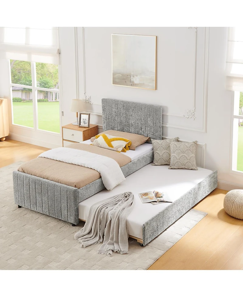 Streamdale Furniture Upholstered Pull-out Trundle Bed with High Padded Back