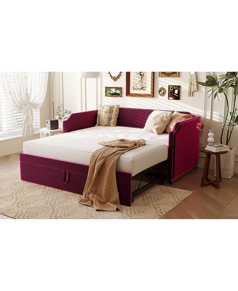 Streamdale Furniture Twin Size Velvet Upholstered Daybed with Pop Up Trundle