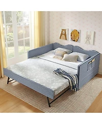 Streamdale Furniture Gingham Upholstered Full-Size Daybed with Trundle and Side Storage Pocket