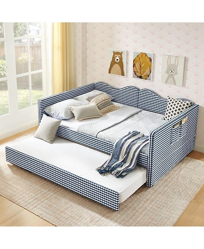 Streamdale Furniture Gingham Upholstered Full-Size Daybed with Trundle and Side Storage Pocket