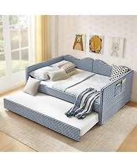 Streamdale Furniture Gingham Upholstered Full-Size Daybed with Trundle and Side Storage Pocket