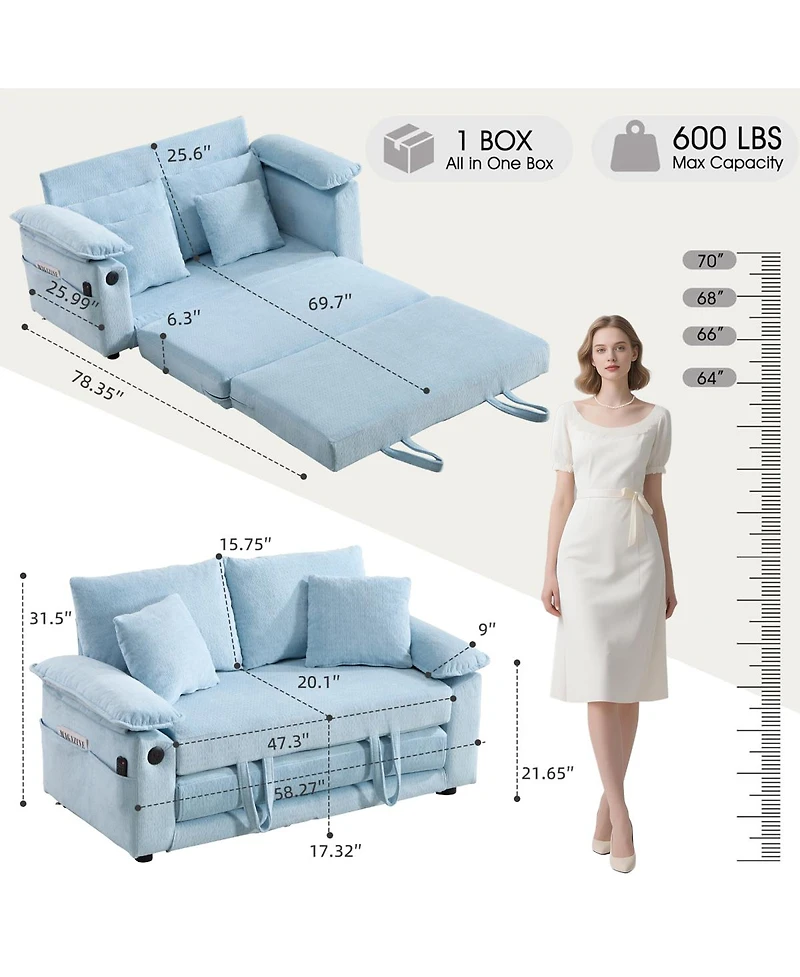 Streamdale Furniture 58 inch 3-in-1 Convertible Upholstered Futon Sofa Bed with Side Pockets