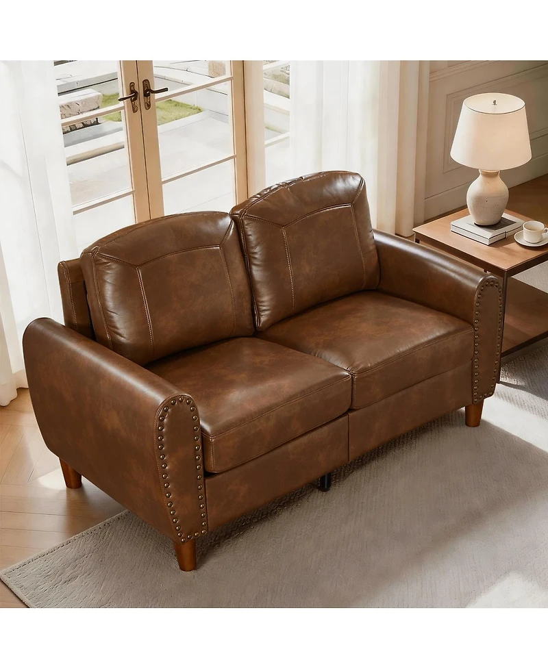 Streamdale Furniture 59" Classic Faux Leather Loveseat with Rolled Arms and Wood Legs
