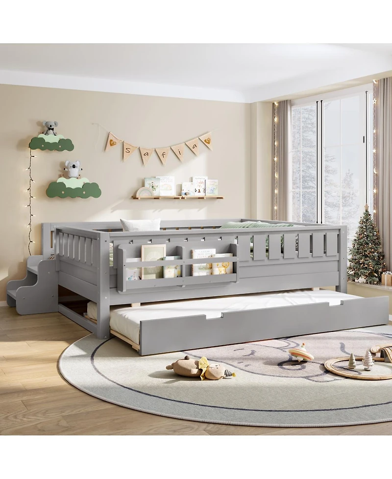 Streamdale Furniture Loft Bed with Bookshelves, Staircase, Safety Rails, and Trundle