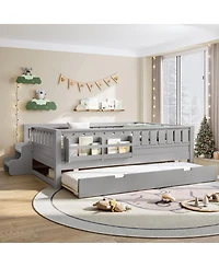 Streamdale Furniture Loft Bed with Bookshelves, Staircase, Safety Rails, and Trundle