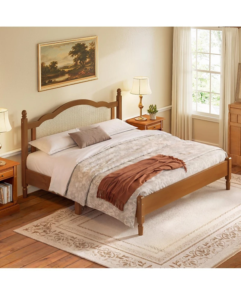 Streamdale Furniture Wooden Platform Bed with Rattan Headboard
