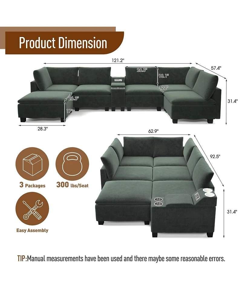Streamdale Furniture 121.2" Modular U-Shaped Cloud Sectional Sofa with Storage and Usb