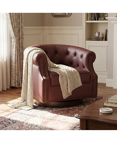 Streamdale Furniture 360 Swivel Pu Leather Accent Chair with Tufted Curved Back