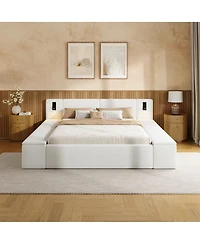 Streamdale Furniture Queen Teddy Fleece Platform Bed with Hidden Storage, Nightstands and Led Lights