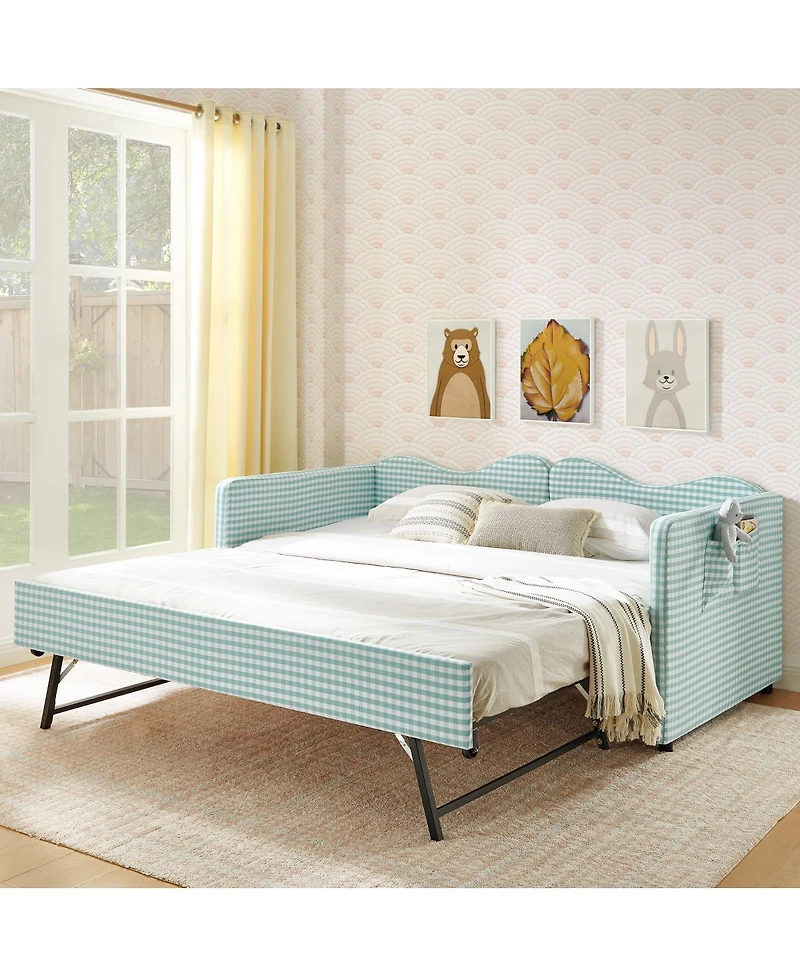 Streamdale Furniture Gingham Upholstered Twin Daybed with Pull-Out Trundle and Side Storage Pocket
