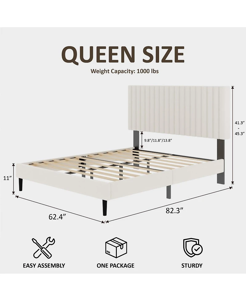 Streamdale Furniture Queen Size Velvet Upholstered Platform Bed with Adjustable Headboard