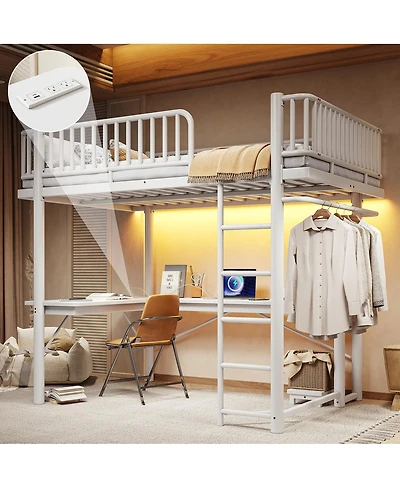 Streamdale Furniture Full Loft Bed with L-Shaped Desk, Led Lights, and Charging Station