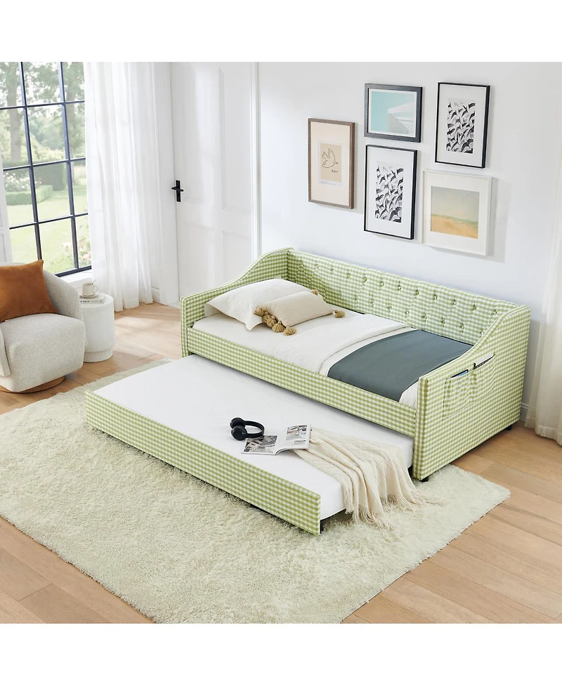 Streamdale Furniture Upholstered Twin Daybed with Trundle, Side Storage and Tufted Backrest