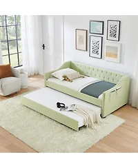 Streamdale Furniture Upholstered Twin Daybed with Trundle, Side Storage and Tufted Backrest