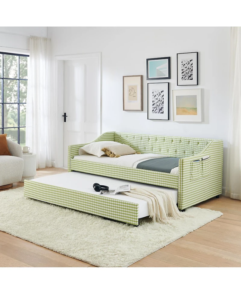 Streamdale Furniture Upholstered Twin Daybed with Trundle, Side Storage and Tufted Backrest