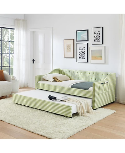 Streamdale Furniture Upholstered Twin Daybed with Trundle, Side Storage and Tufted Backrest