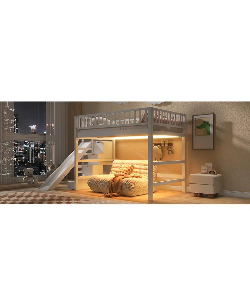Streamdale Furniture Full Size Loft Bed with Storage Staircase, Slide and Led Light