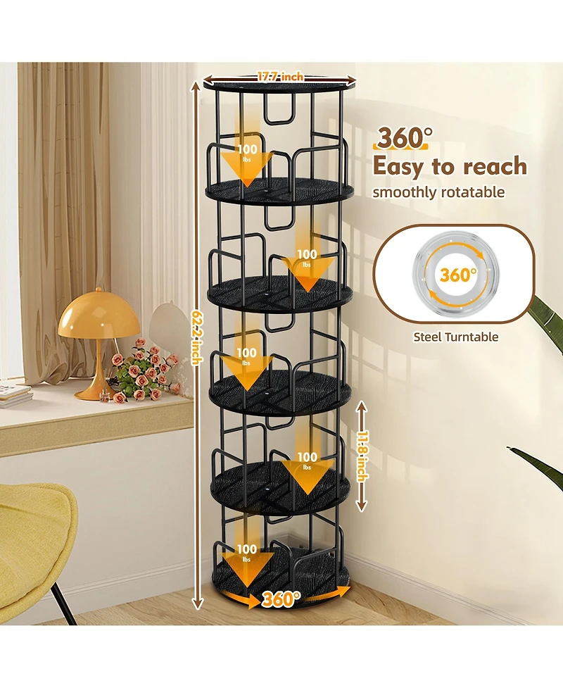 flynama 5-Tier 360 Degree Rotating Bookshelf Tower Stable Metal Frame Vertical Round Home Bedroom Storage Rack