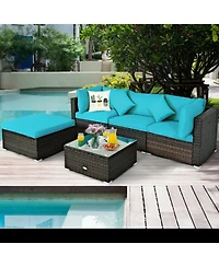 Sugift 5 Piece Outdoor Patio Rattan Sectional Conversation Furniture Set with Cushions