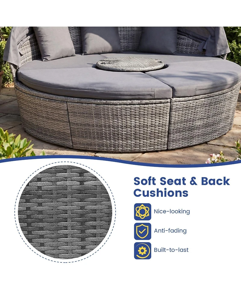 Sugift Outdoor Pe Wicker Round Daybed with Retractable Canopy Cushions and Lift Table
