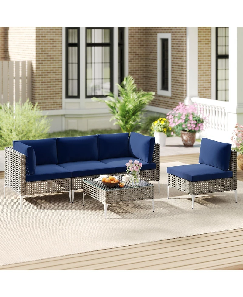 Sugift 5-Piece Pe Rattan Outdoor Sectional with Glass Coffee Table
