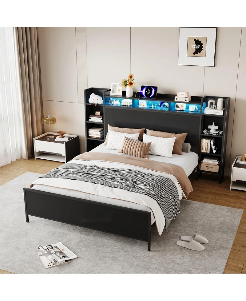 Streamdale Furniture Queen Bed Frame with Led Headboard, Usb Ports and Storage