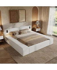 Streamdale Furniture King Size Teddy Fleece Platform Bed with Hidden Storage, Nightstands and Led Lights