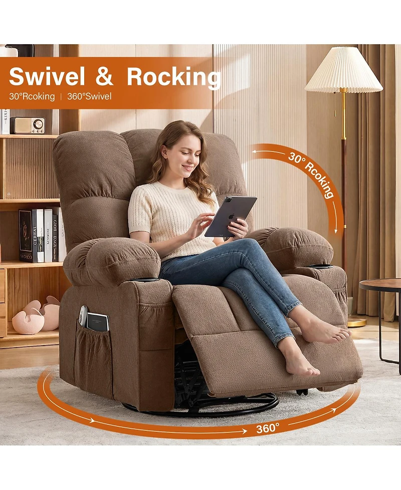 Streamdale Furniture Oversized Swivel Massage Recliner with Heat, Usb Port, and Cup Holder