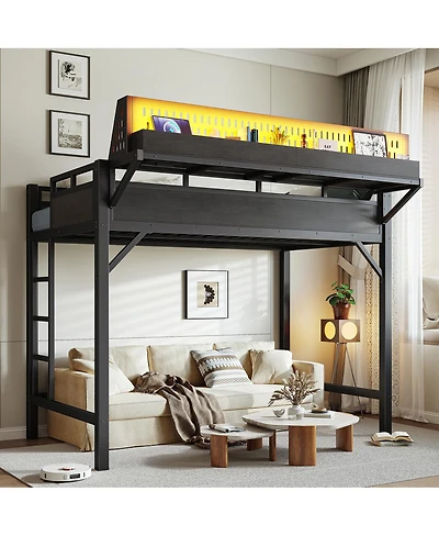 Streamdale Furniture Twin Xl Metal Loft Bed with Storage, Pegboard, Usb, and Led Lights