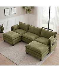 Streamdale Furniture Modern Chenille 3-Seat Sofa with Ottoman, Usb Ports and Side Pockets