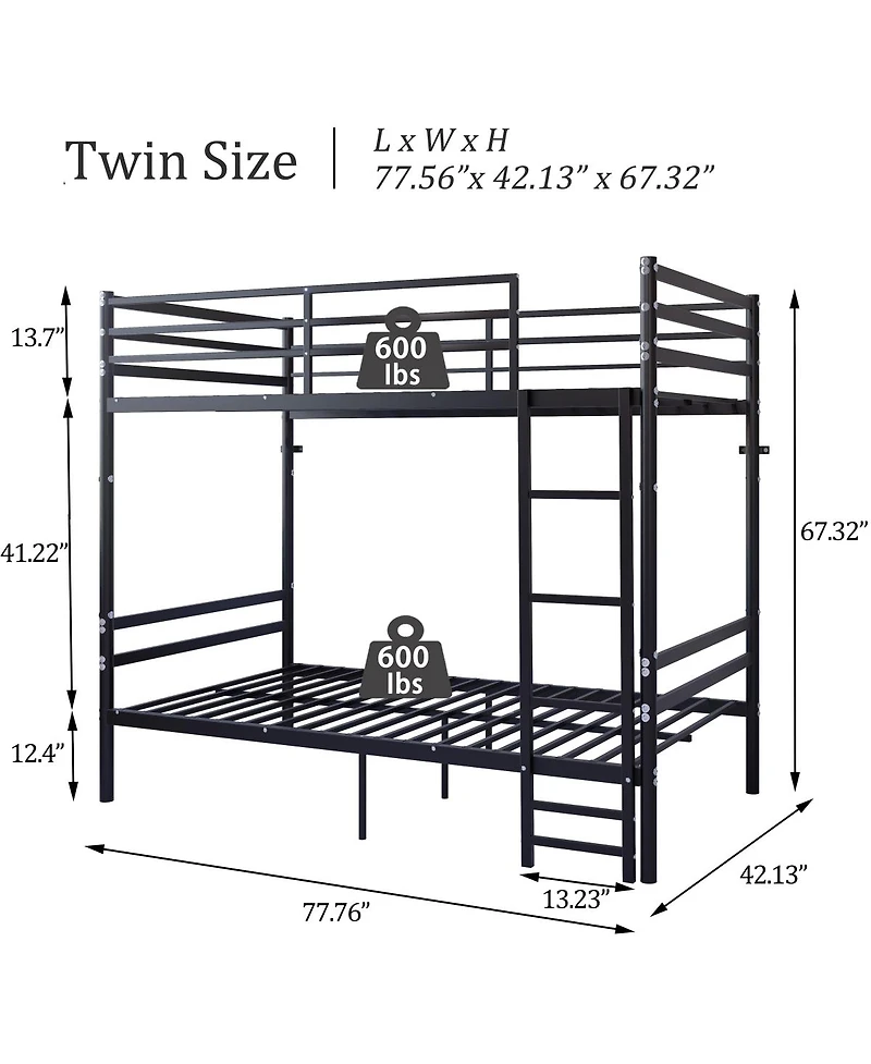Streamdale Furniture Twin Over Twin Metal Bunk Bed with Flat Ladder