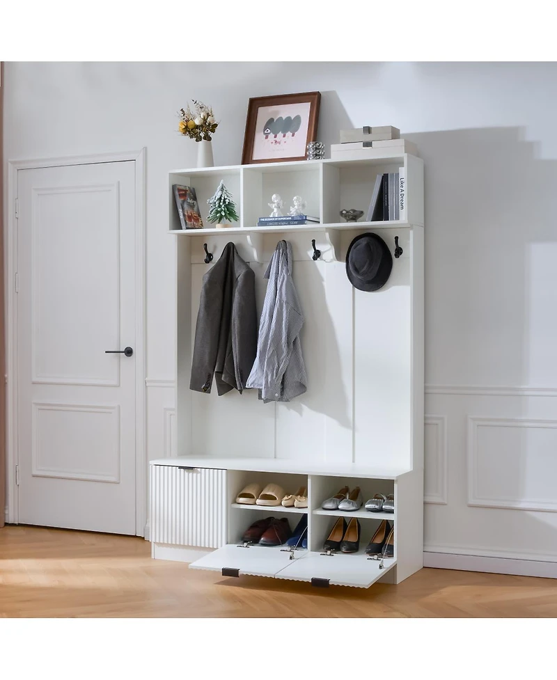 Streamdale Furniture 5-in-1 Farmhouse Hall Tree with Bench, Shoe Storage and 3 Cabinets