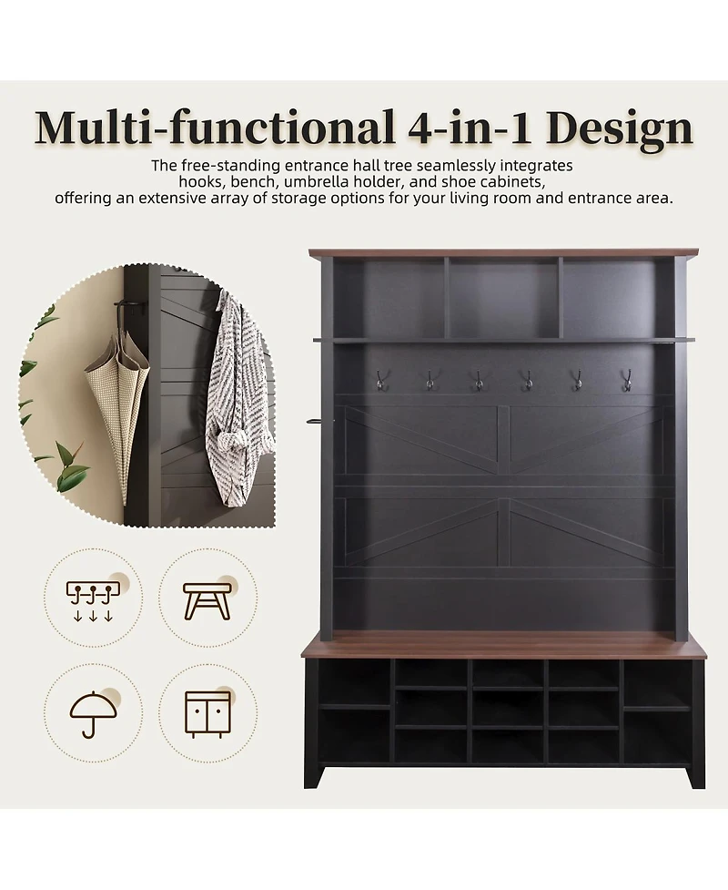 Streamdale Furniture Farmhouse 4-in-1 Hall Tree with Bench and Shoe Storage