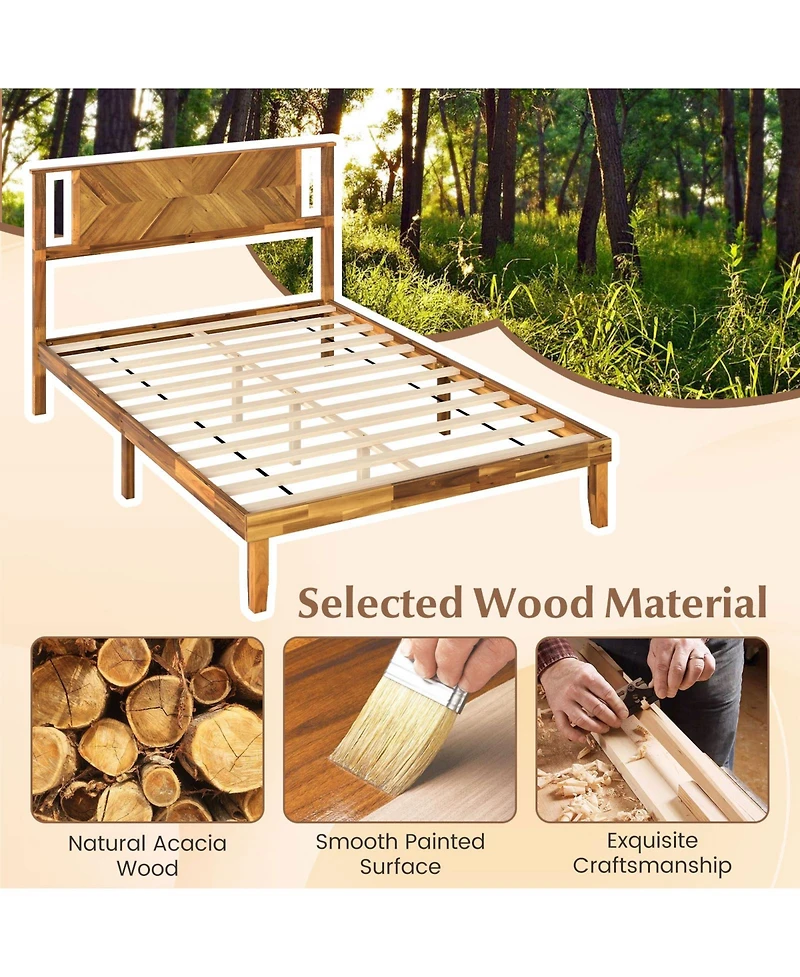 Sugift Full Size Bed Frame Mid-Century Acacia Wood Platform Bed with Headboard