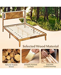 Sugift Full Size Bed Frame Mid-Century Acacia Wood Platform Bed with Headboard