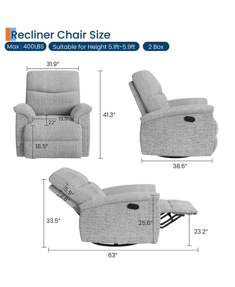 homfan Oversized Swivel Rocker Recliner Chair – Manual Chenille Armchair Extra Wide Seat Comfortable Single Sofa for Living Room