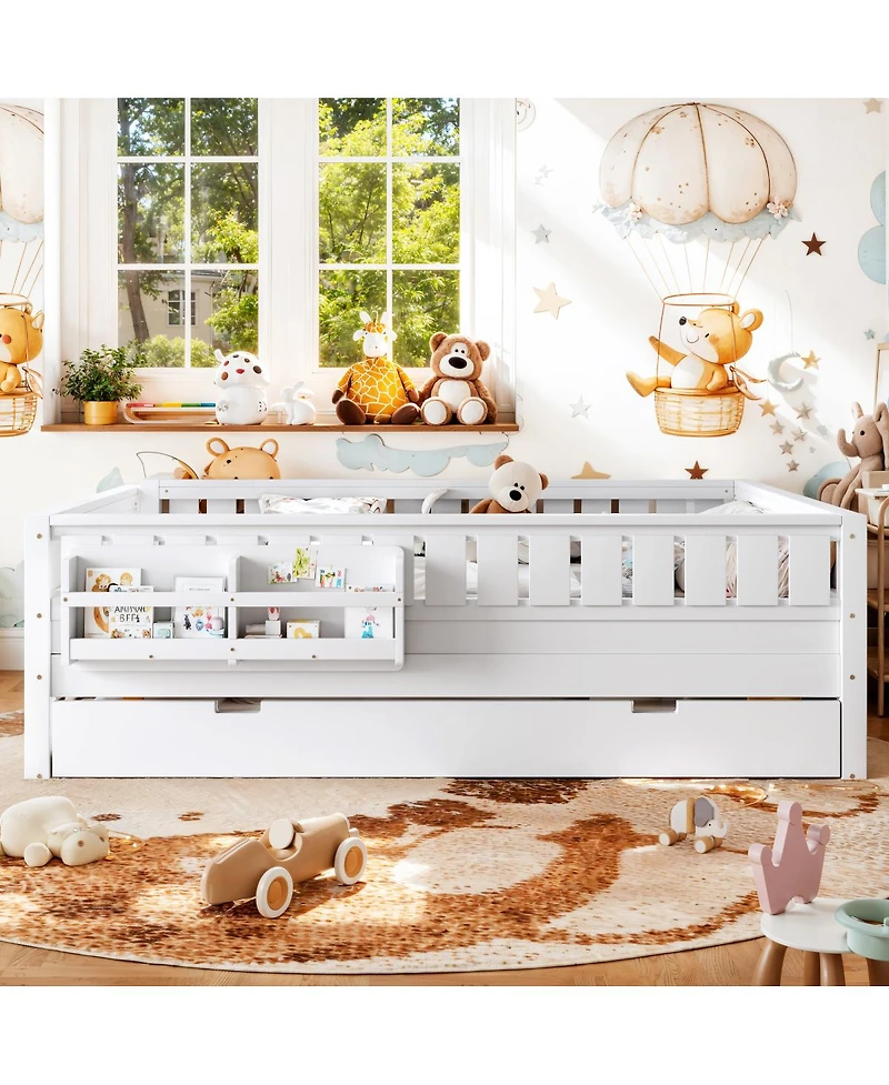 Streamdale Furniture Queen Bed with Bookshelves, Staircase, Safety Rails, and Trundle