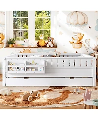 Streamdale Furniture Queen Bed with Bookshelves, Staircase, Safety Rails, and Trundle
