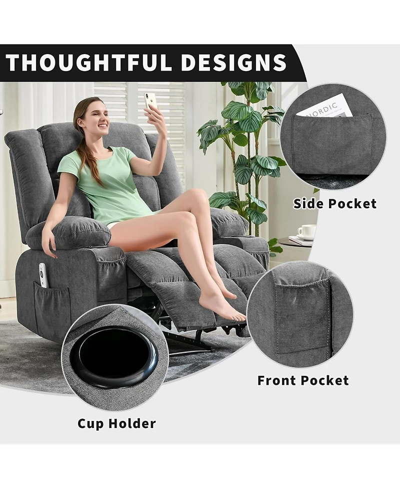 homfan Large Power Recliner with Massage and Heat, 3 Recline Positions, Side Pockets, 2 Cup Holders