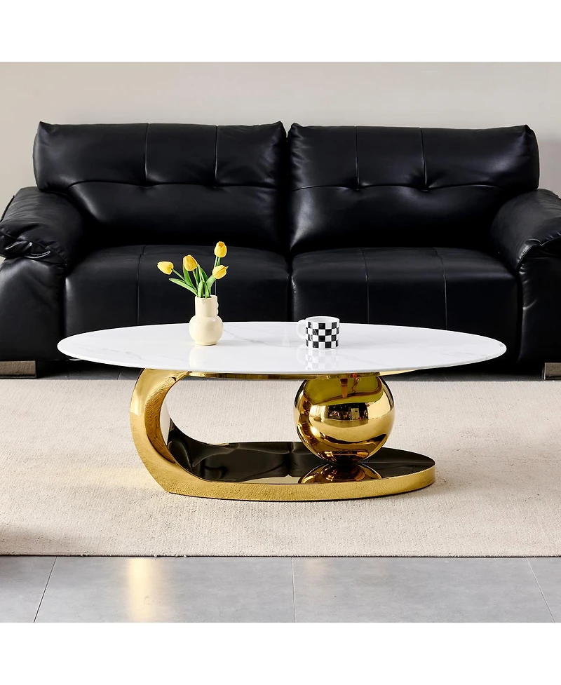 Streamdale Furniture 51.2" Oval Faux Marble Coffee Table with Gold Stainless Steel Base
