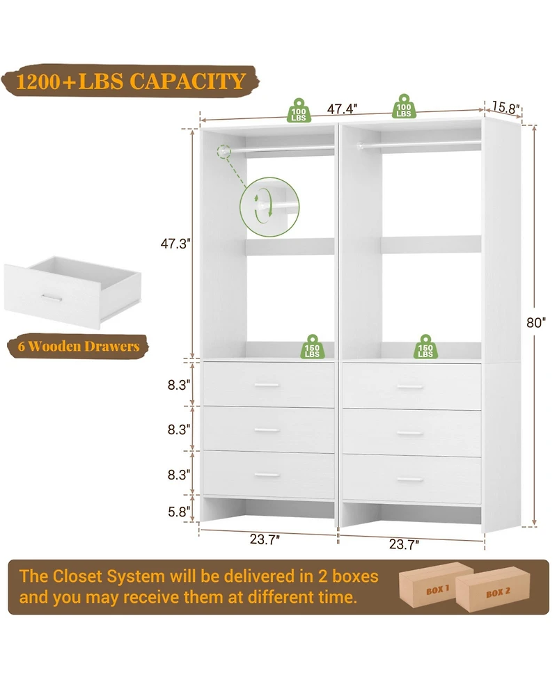 Aheaplus 48-In Closet Organizer System with Wooden Drawers and Hanging Rods