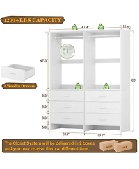 Aheaplus 48-In Closet Organizer System with Wooden Drawers and Hanging Rods