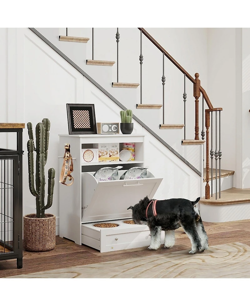 Ruie Pet Feeder Station Storage Cabinet with Raised Dog Bowls and Hooks