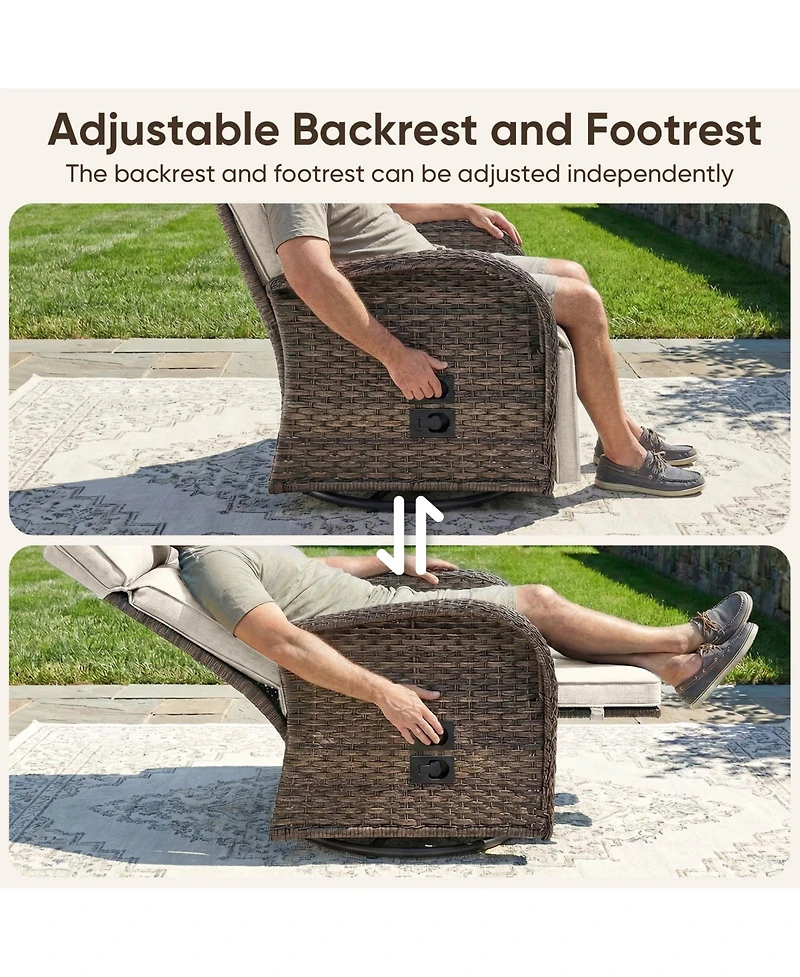 Pocassy 7Pcs Outdoor Swivel Recliner Chair with 50,000 Btu Fire Pit Table Wicker Rattan Bistro Set Tempered Glass Side