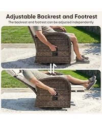Pocassy 7Pcs Outdoor Swivel Recliner Chair with 50,000 Btu Fire Pit Table Wicker Rattan Bistro Set Tempered Glass Side