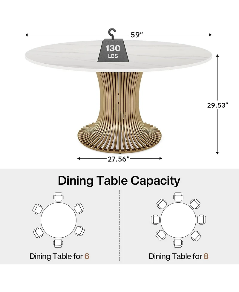 Tribesigns 59" Sintered Stone Round Dining Table for 6-8: Luxury table with steel pedestal for dining room, living room. (Table only)