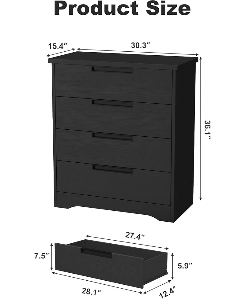 homfan 4-Drawer Dresser – Chest of Drawers with Embedded Handles, Wooden Organizer for Bedroom, Nursery and Hallway