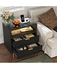 homfan 2 Drawer Dresser, 23.6" Wooden Cabinet with Led and Charging, Fluted Nightstand Handle, Modern Storage for Closet, Living Room, Hallway
